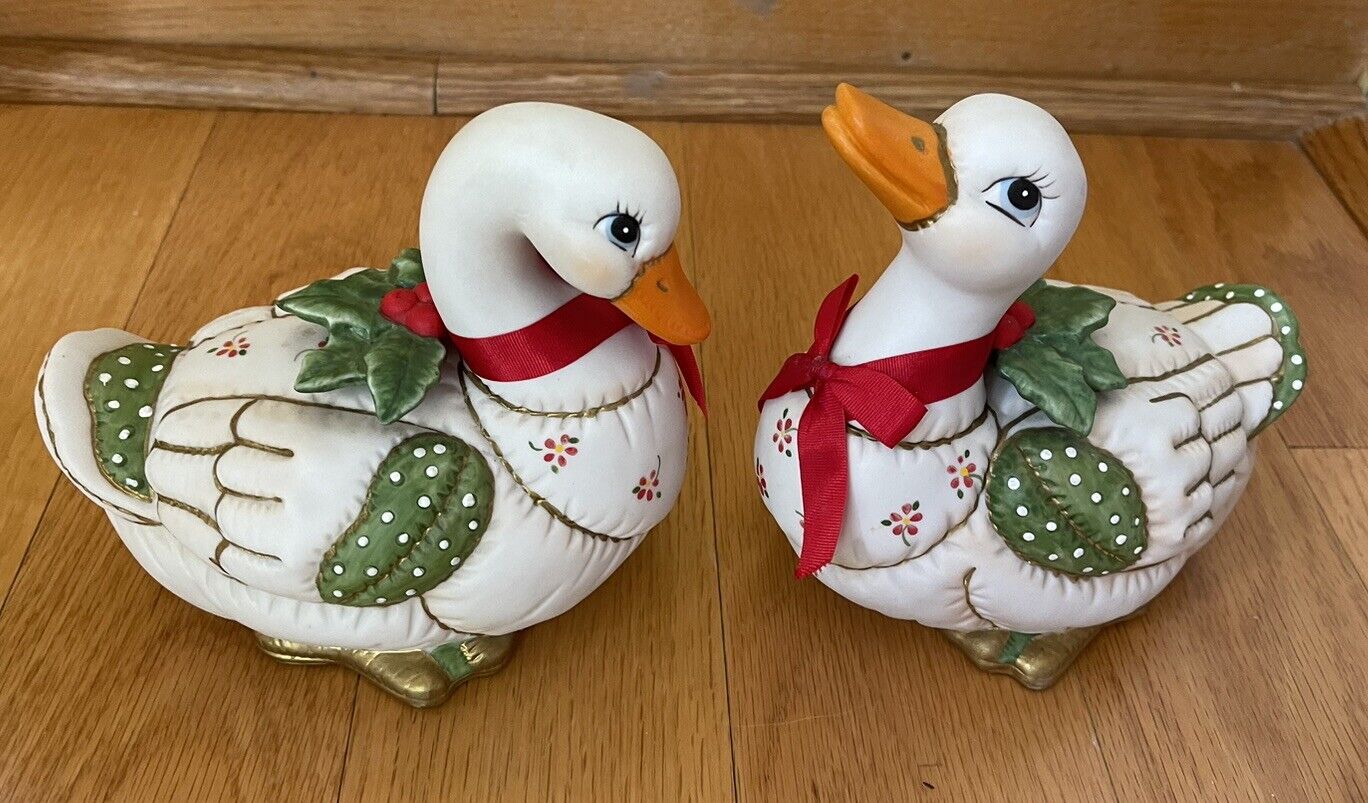 Set of 2 Patchwork Ceramic Christmas Ducks , Lefton China, 1987