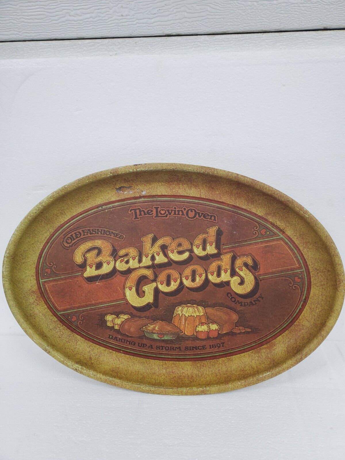 Vintage Baked Goods Serving Tray Antique Metal Kitchen Plate