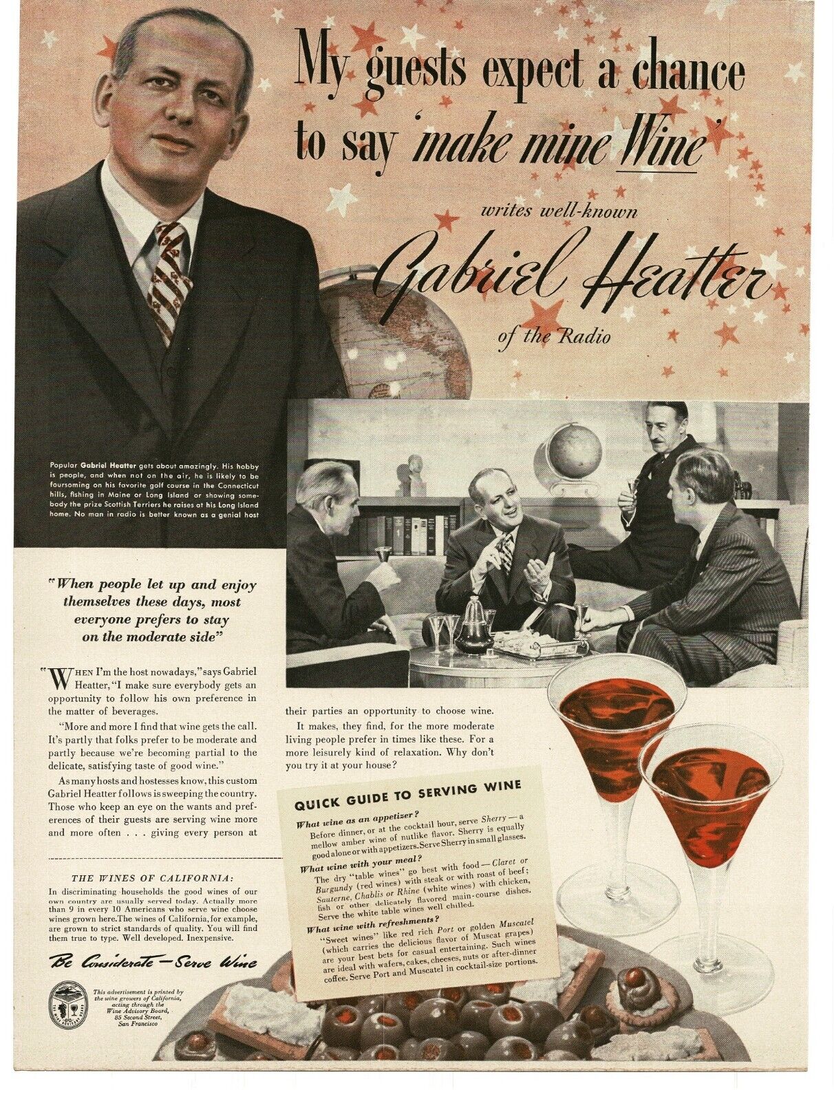1941 Wine Advisory Board Wines of California Gabriel Heatter Vintage Print Ad