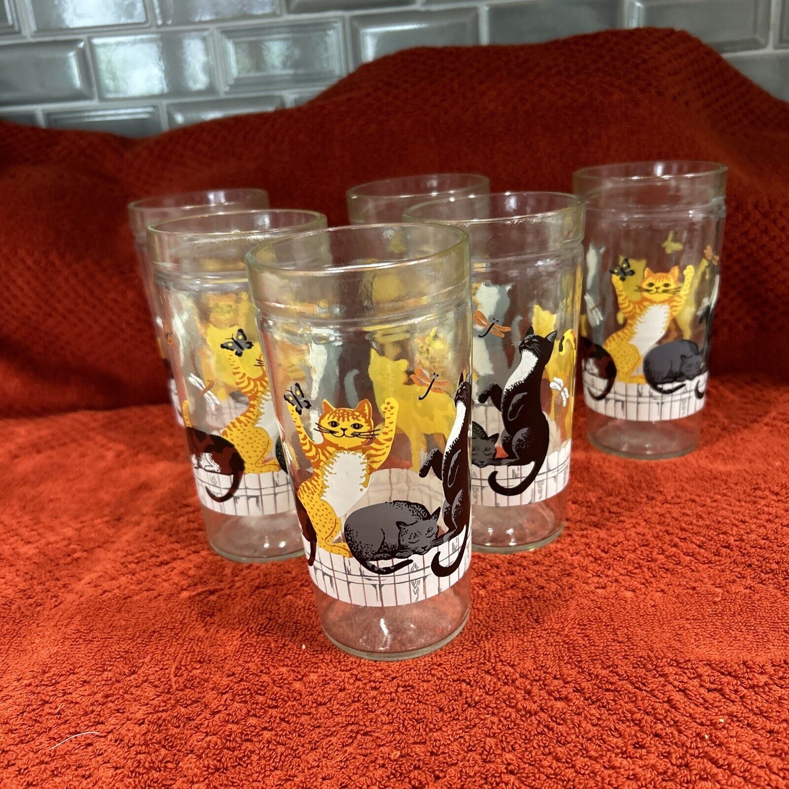 Lot Of 6 Cats on Fence w/Butterflies Drinking Glasses Anchor Hocking Jelly Jar