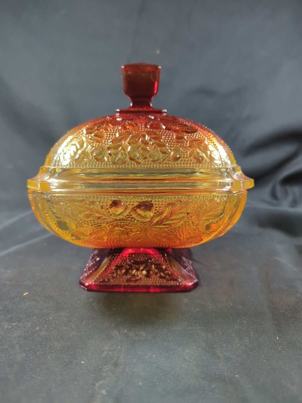 Vintage Mid Century Amberina Depression Glass Candy Dish Chestnuts Leaves Design