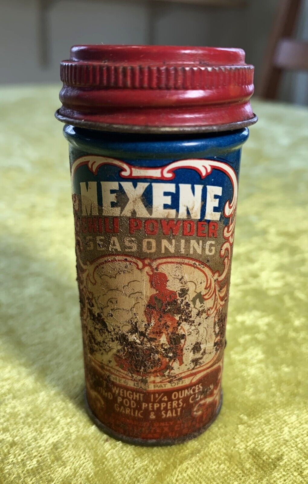 EARLY Vintage MEXENE Chili Powder Seasoning Litho Tin 1 1/4 oz, FAIR Condition
