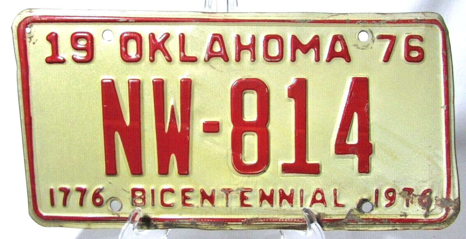 Vintage Oklahoma Bicentennial 1976 Car License Plate Tag NW 814 Nowata Retired