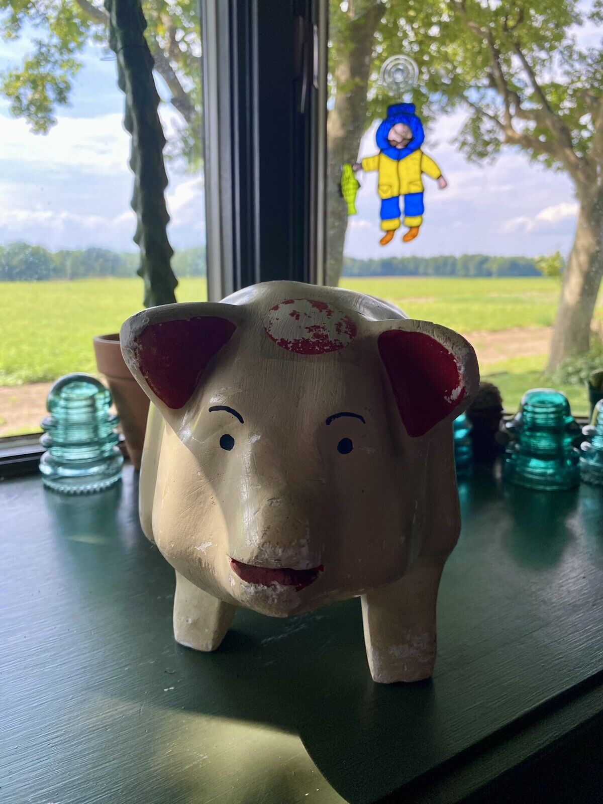 vintage Chalkware Pig Piggy Bank cream color with red dots