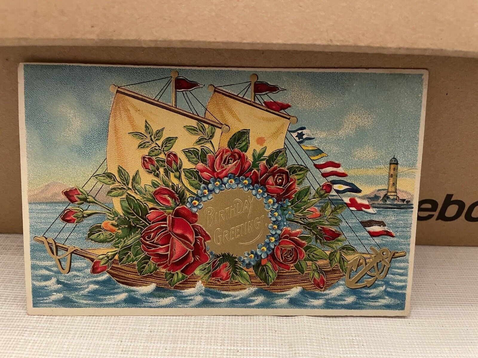 Vtg Postcard Embossed Birthday Greetings Ship Of Roses 