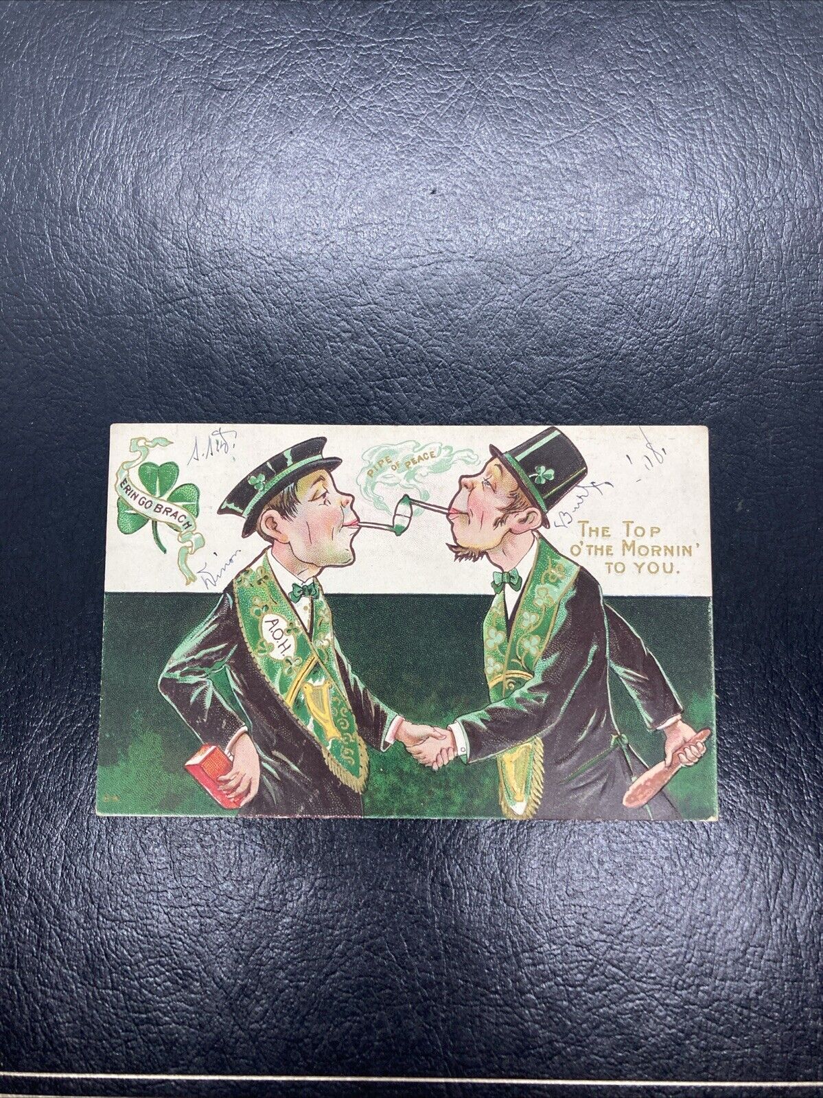 Vintage Postcard Saint Patrick\'s Day Pipe Of Peace Embossed Original Posted 1908