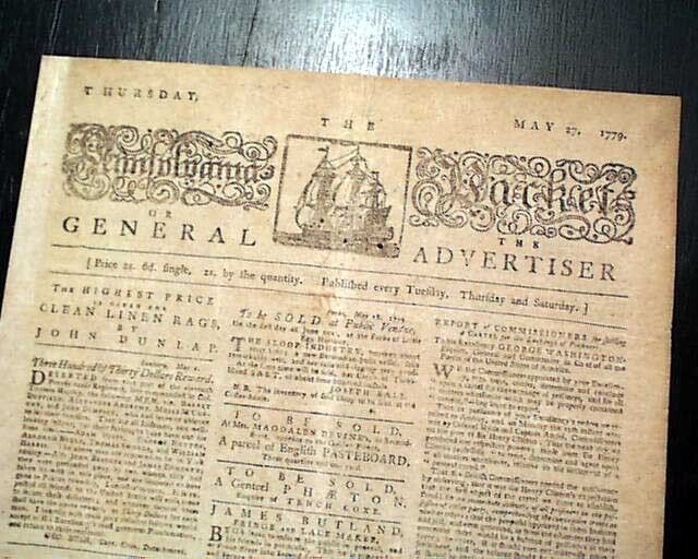 General GEORGE WASHINGTON American Revolutionary War Prisoners 1779 US Newspaper