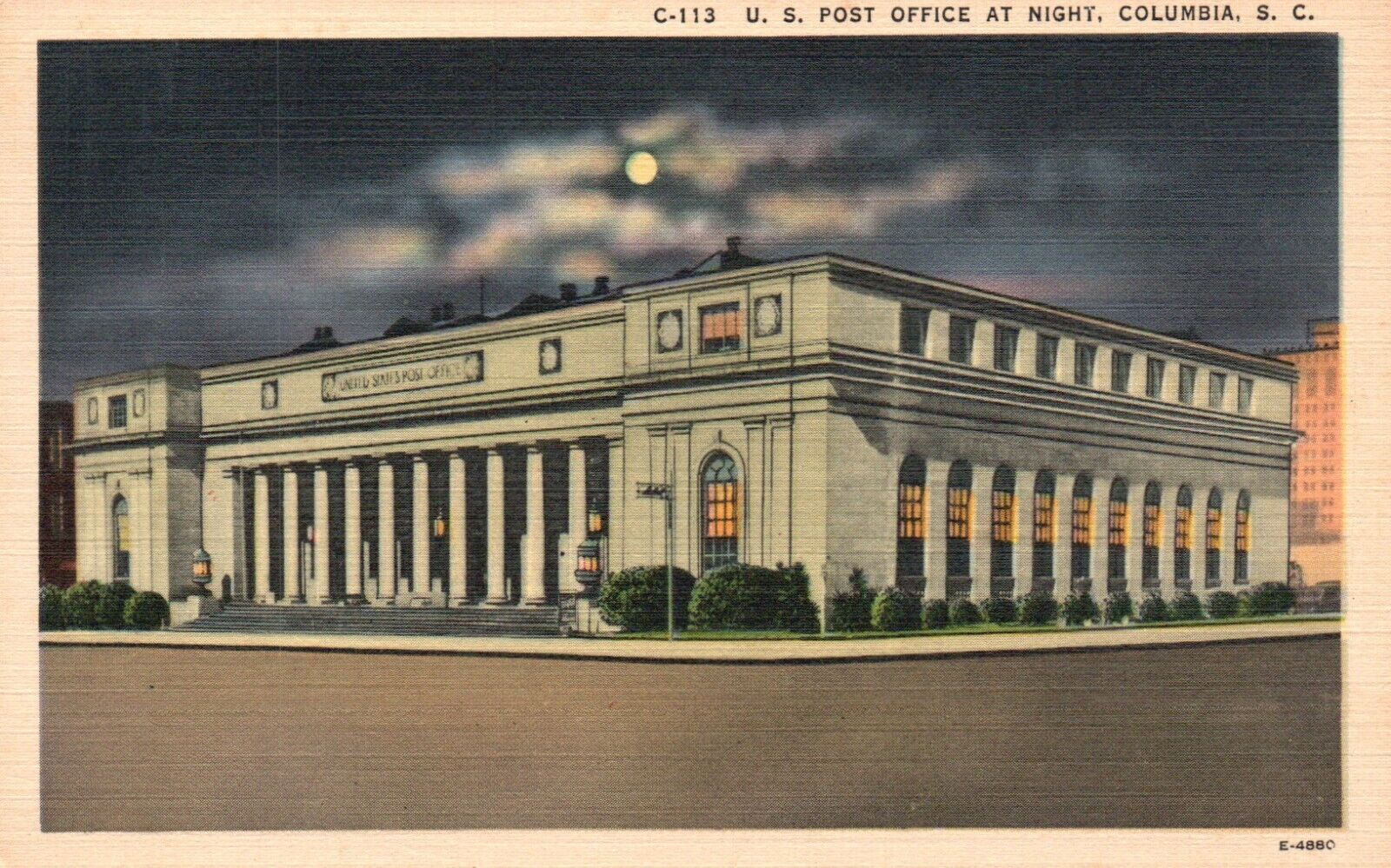Postcard SC Columbia US Post Office by Night Linen Unposted Vintage PC J8640