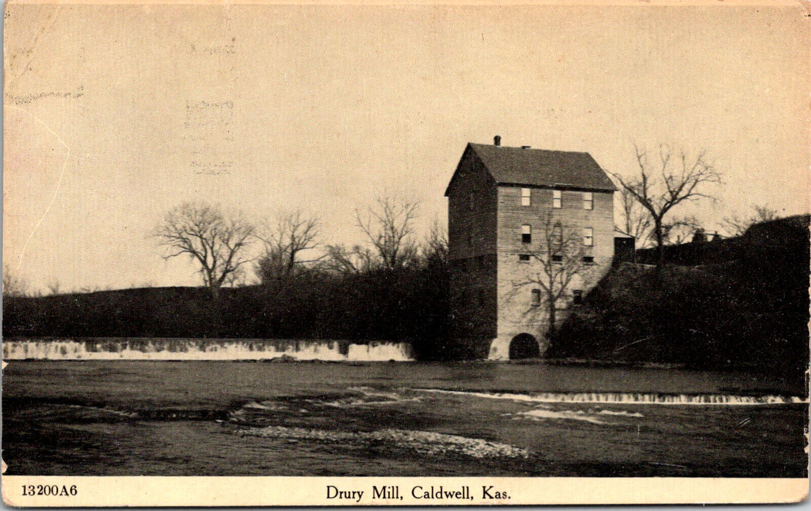 Antique RPPC Photo Postcard  Caldwell, Kansas Ks. Drury Mill & Dam 1908