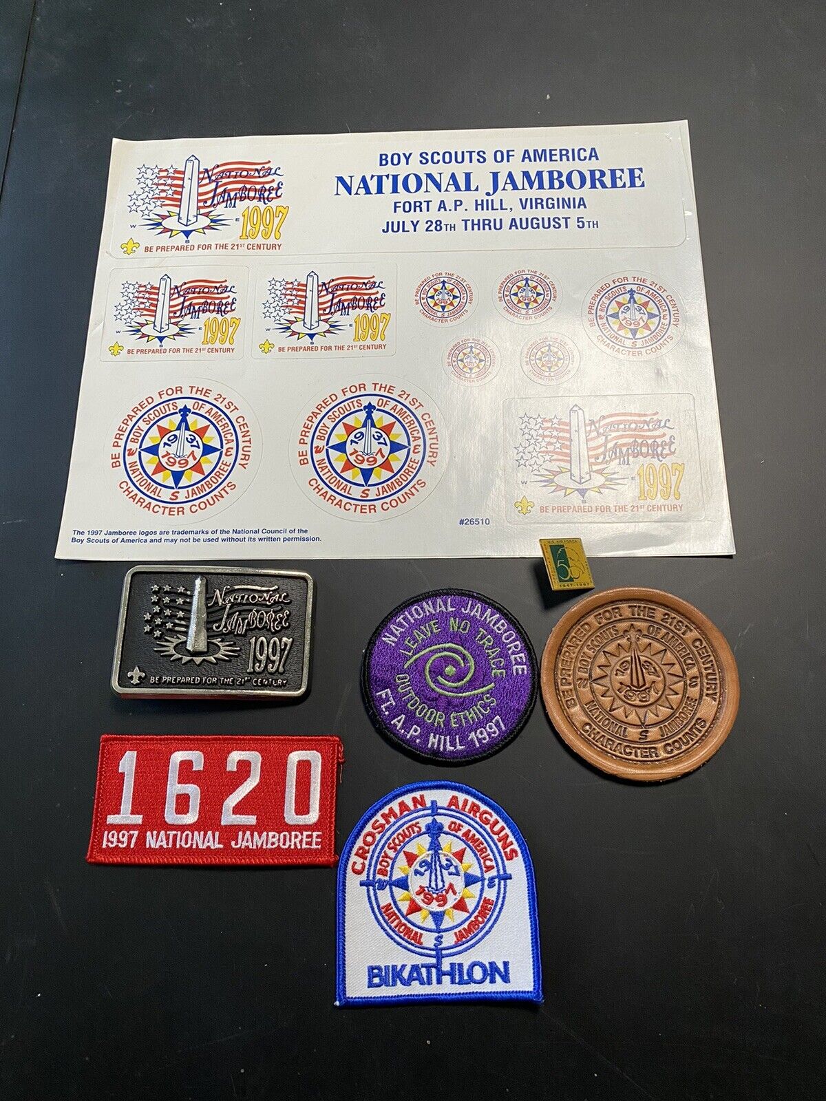 Boy Scout 1997 National Jamboree Collection Leather Patch, decals, Buckle, +more
