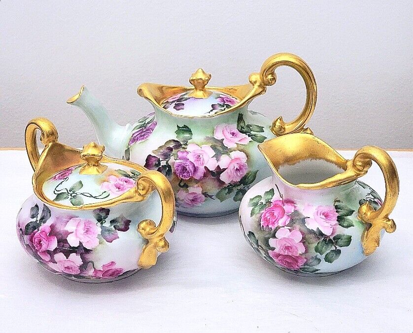 T & V Limoges Antique Hand Painted Pink Rose Teapot Creamer Sugaer Bowl Set