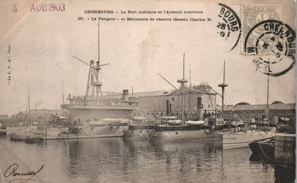 Imperial French Navy Battleship Cruisers in Cherbourg Military Port c1903