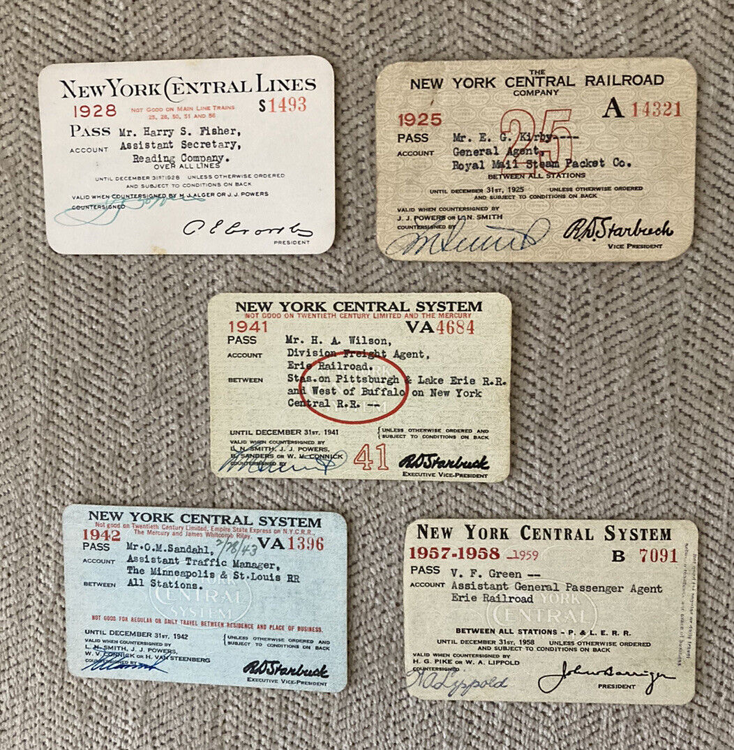 New York Central Lot of (5) 1925-1959 Issued Passes