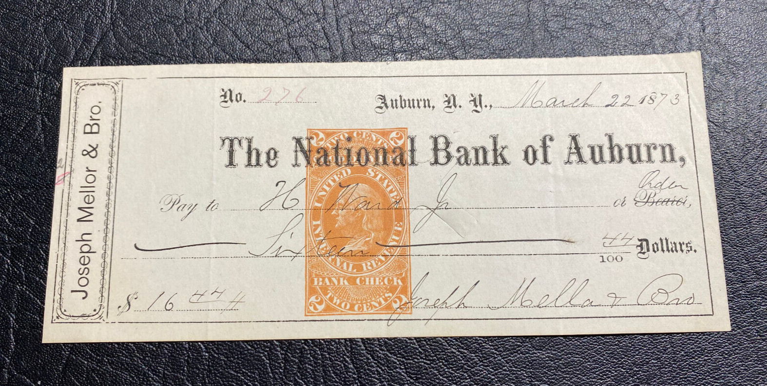 1873 National Bank of Auburn New York, Bank Check,RN-E7 Printed Revenue Stamp