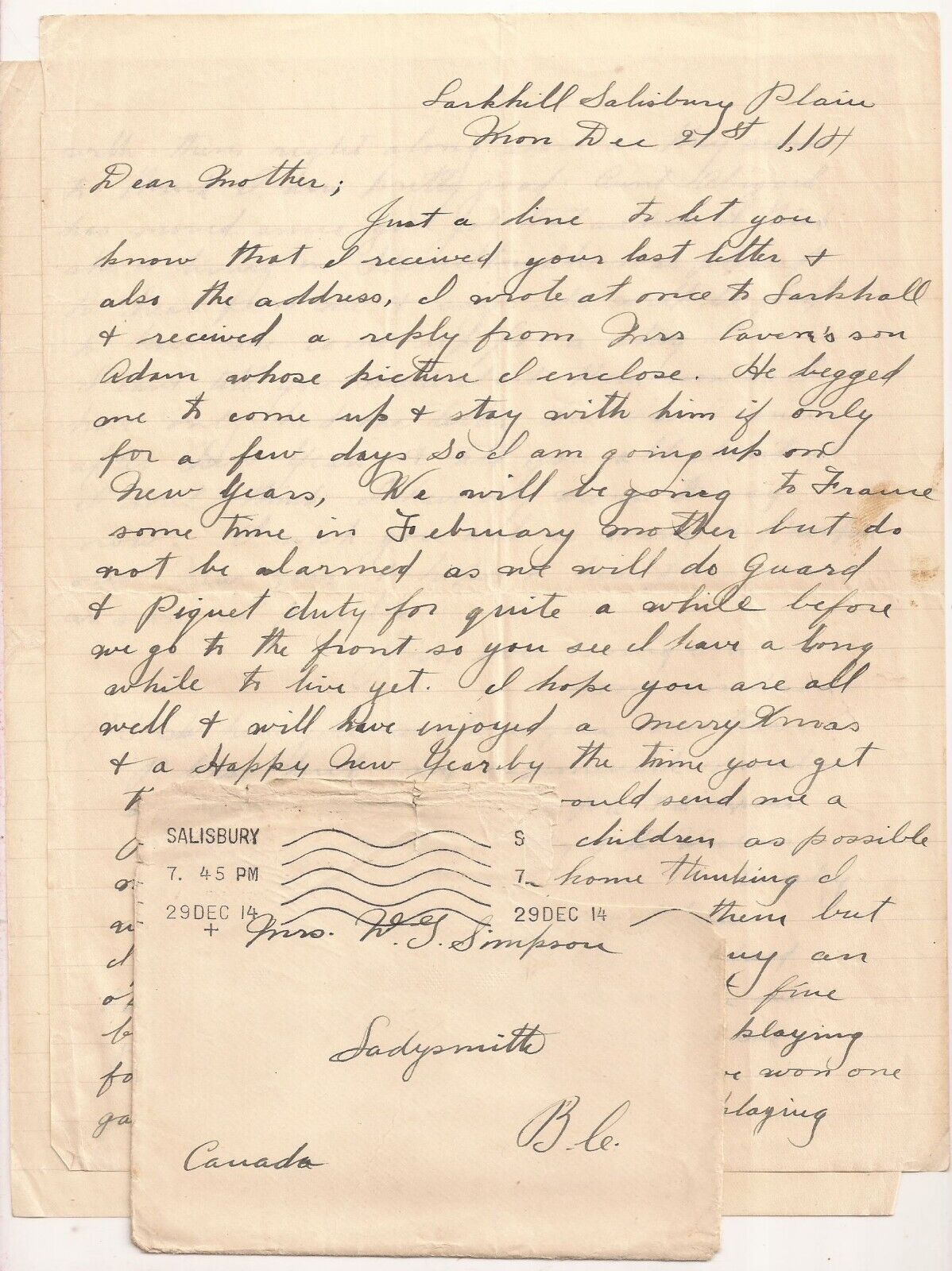 WWI 1914 CEF Letter. Somme Casualty 1916, KIA. 5th Canadian Infantry Battalion
