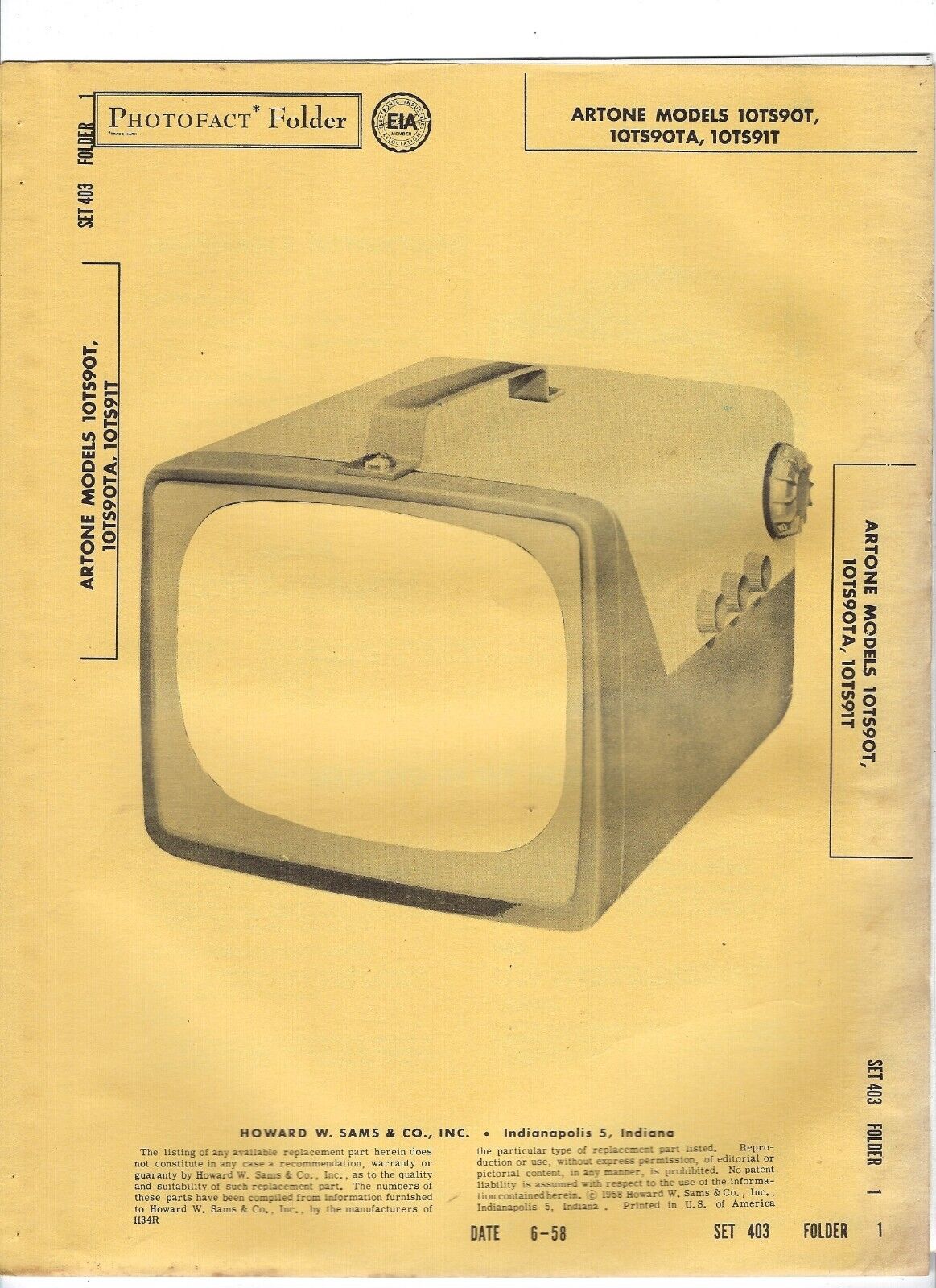 1958 ARTONE 10TS90T Tv TELEVISION SERVICE MANUAL Photofact 10TS90TA 10TS91T Vtg