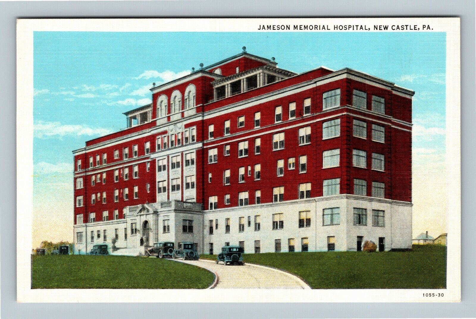 New Castle PA-Pennsylvania Jameson Memorial Hospital, Period Cars Linen Postcard