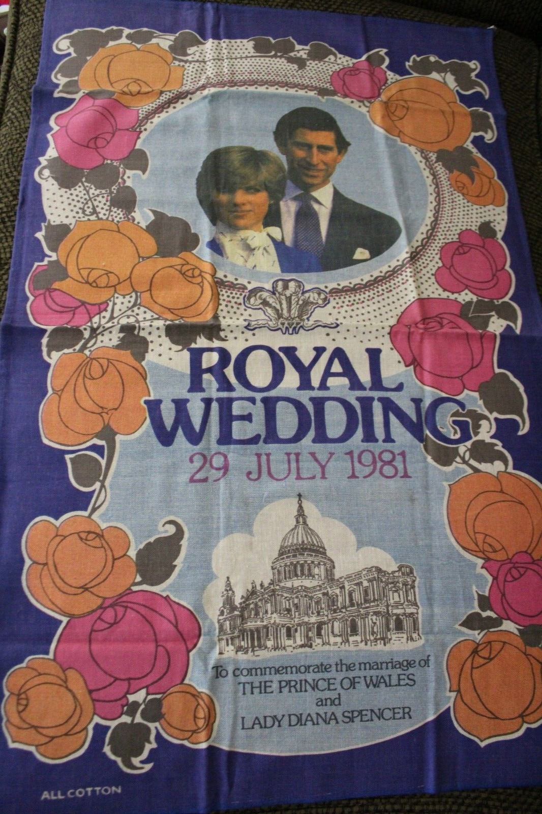 Vintage Cotton Kitchen Towel 1981 Royal Wedding Diana & Charles