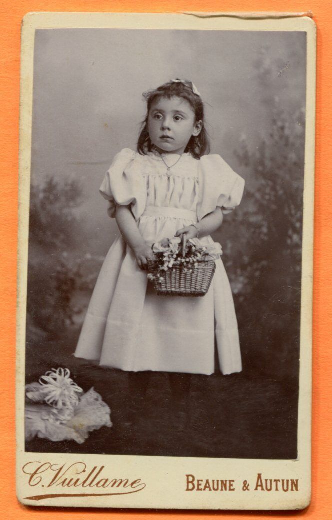 CDV Beaune, France, Portrait of Girl with Flowers, by Vuillame, c1890s Backstamp