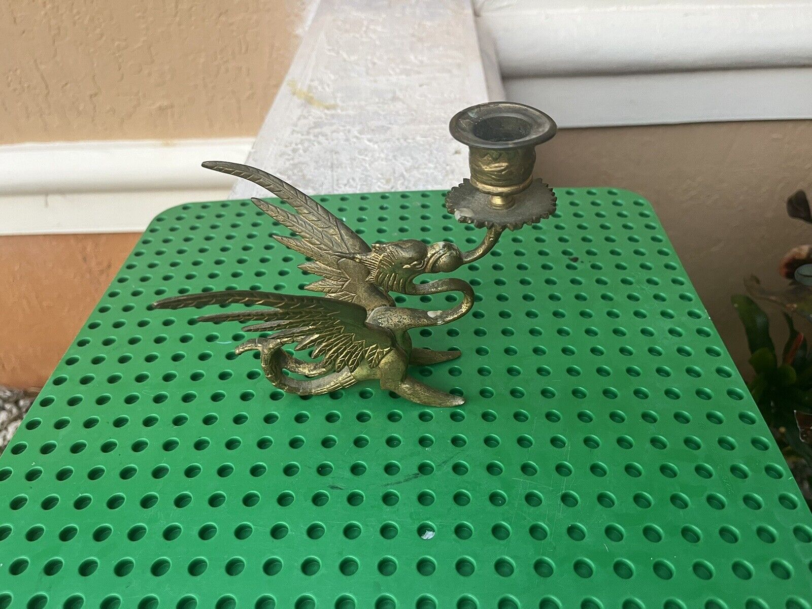 Vintage Winged Dragon Brass Candlestick Holder