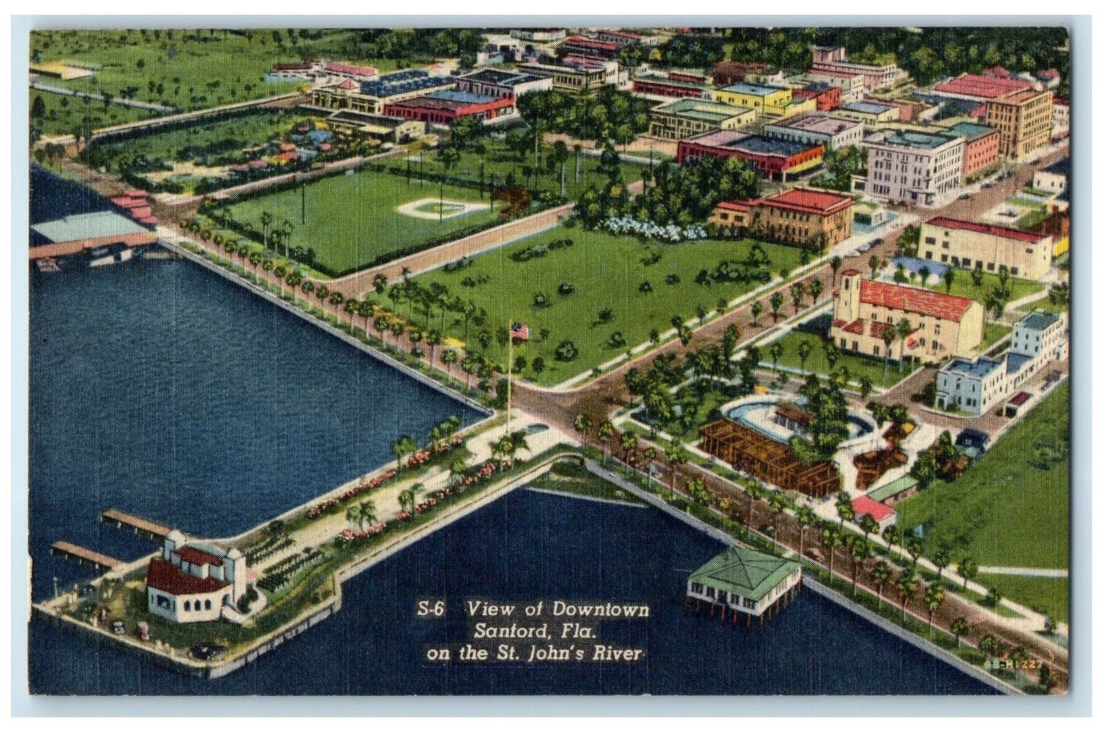 1949 Aerial View Downtown On The St. John's River Sanford Florida FL Postcard