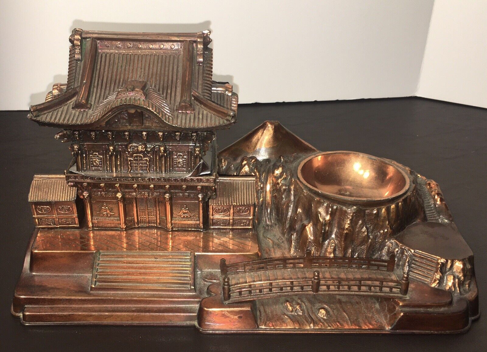 Vintage Rare Japanese Copper Pagoda Desk Cigarette Box Lighter Ashtray