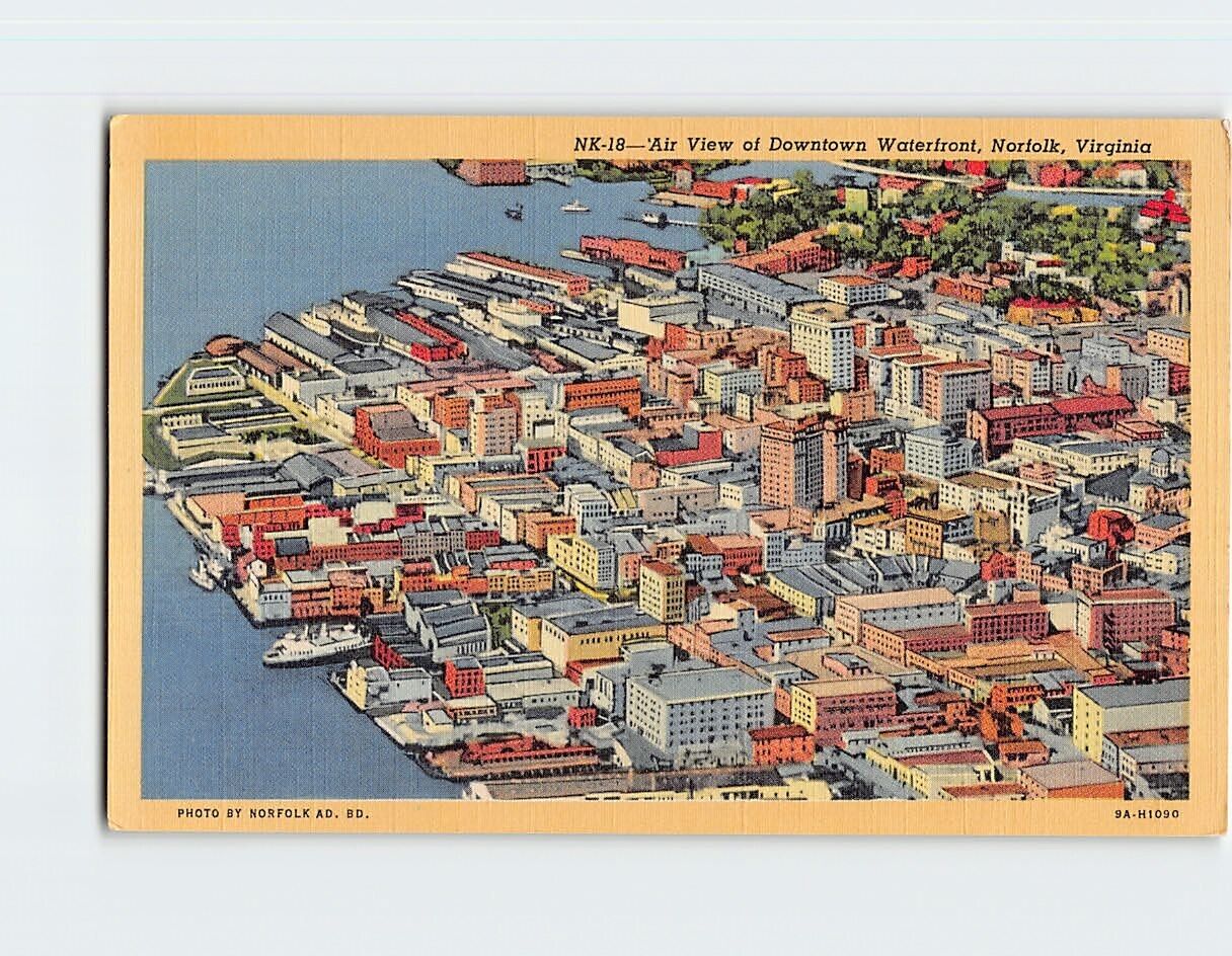 Postcard Air View of Downtown Waterfront, Norfolk, Virginia