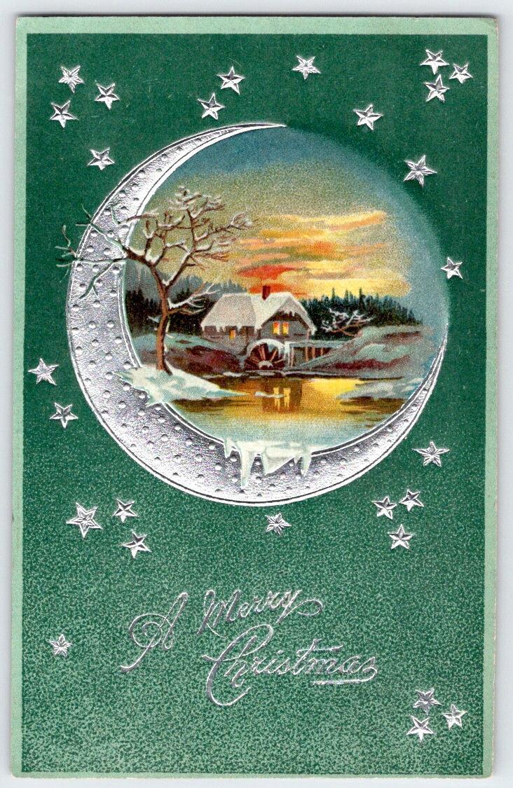 1908 MERRY CHRISTMAS EMBOSSED SILVER METALLIC CRESCENT MOON STARS POSTCARD