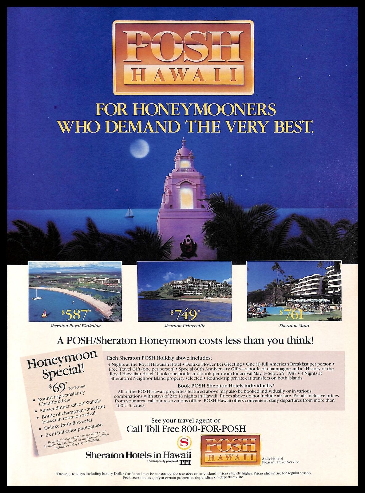 1987 Sheraton Hotels Posh Hawaii Vintage PRINT AD Honeymoon Vacation Beach 1980s