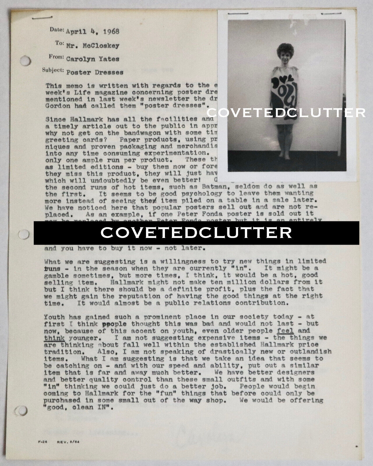 Hallmark Cards vtg 1968 letter and photo about paper poster dresses pop art