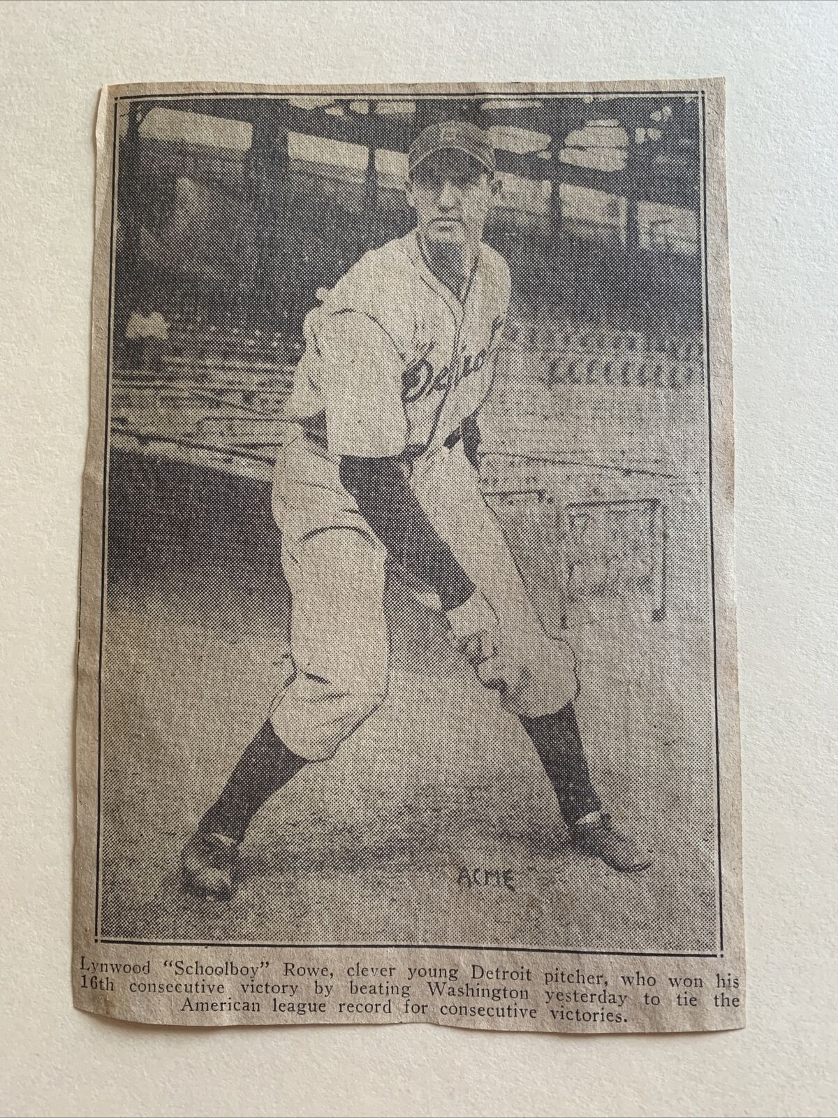 Schoolboy Rowe Detroit Tigers 16 Consecutive Victories 1934 Baseball 4X6 Panel