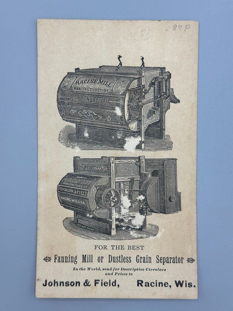 1880s RACINE Wisconsin JOHNSON & FIELD SEPARATOR Farm Advertising Trade Card