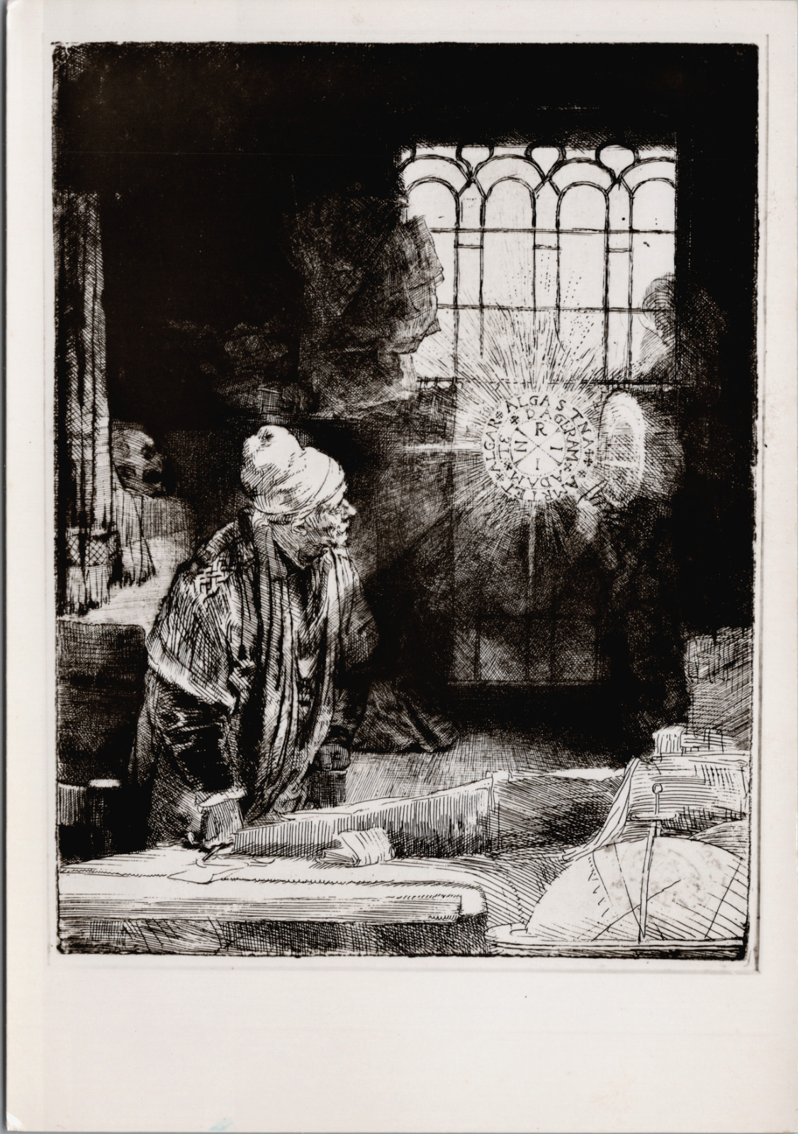 RPPC Rembrandt 1652 Mystical Etching Faust Watching Magic Disc INRI Dutch Art