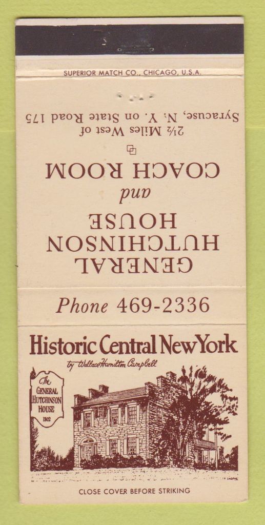 Matchbook Cover - General Hutchinson House Syracuse NY 30 Strike