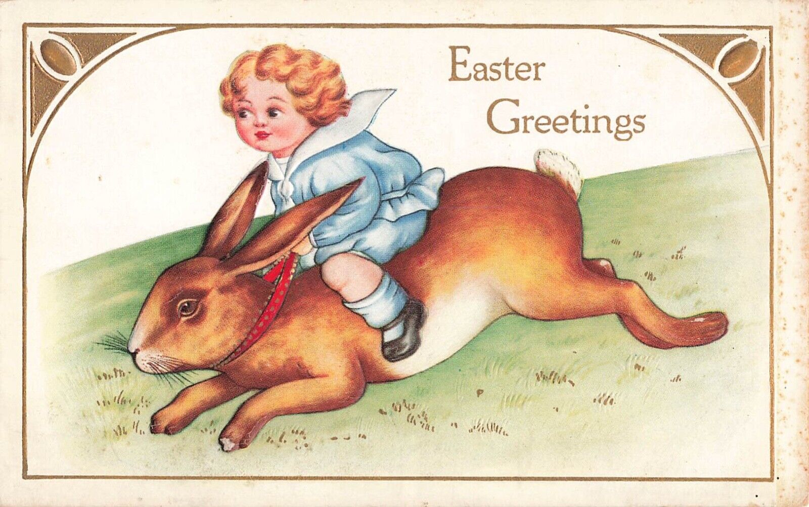 Easter Greeting Postcard Child Riding Bunny by Whitney Embossed c 1920s    J4