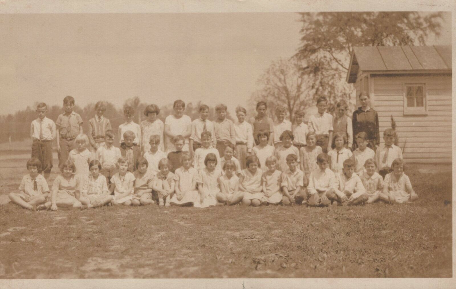School Children Sitting Outside School House Vintage Real Photo RPPC Post Card