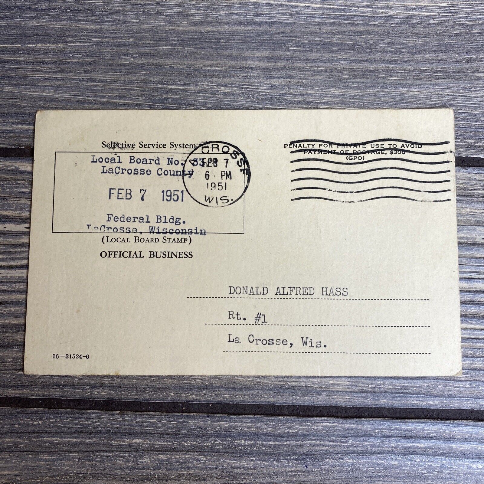 Vintage Selective Service Card February 1951 La Crosse Wisconsin