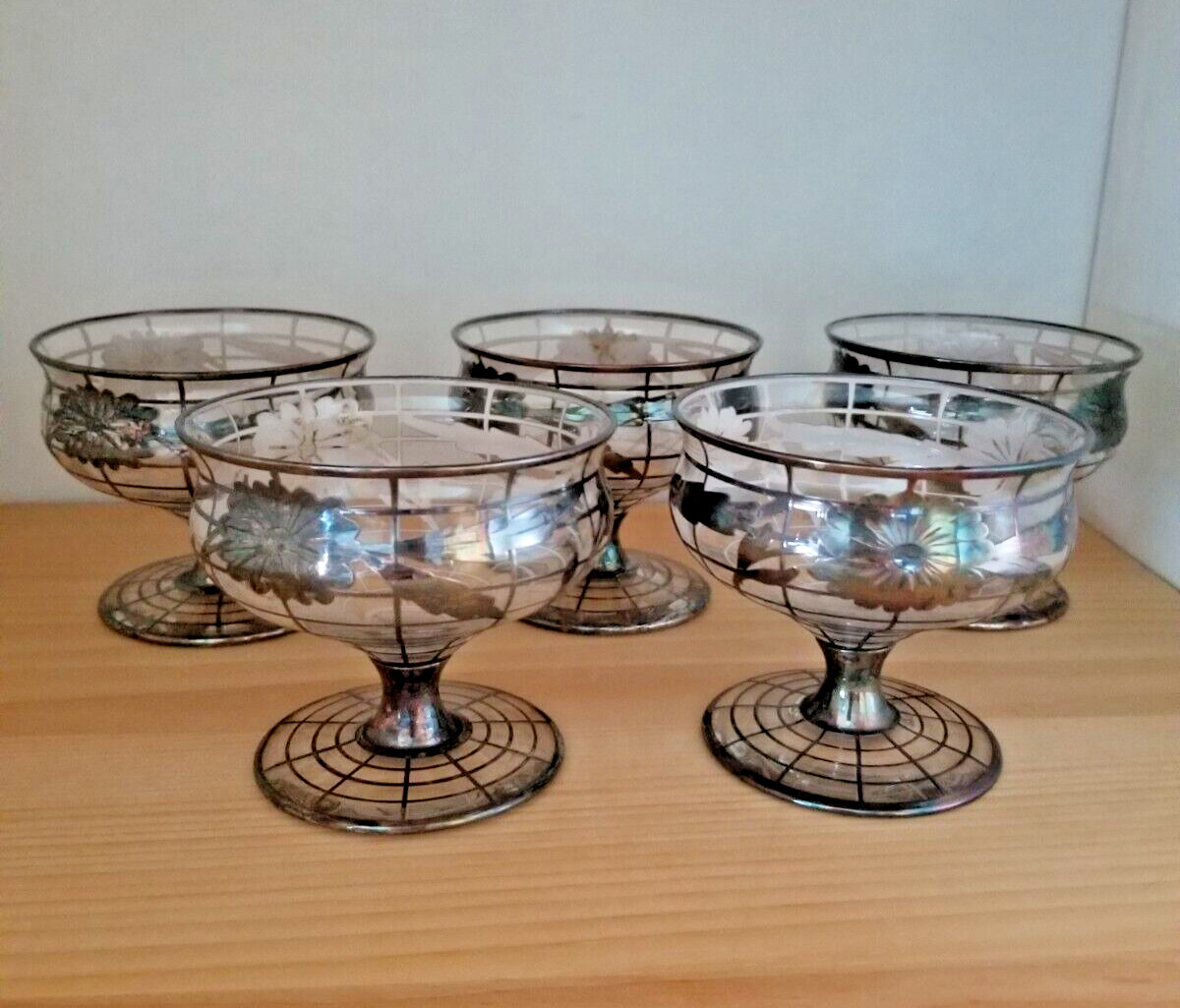Vintage 1960’s Crystal Sterling Silver Overlay Champagne Stem Glasses-Set of 5