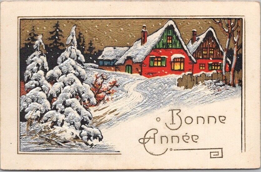 Vintage 1933 French HAPPY NEW YEAR Embossed Postcard Winter Scene \
