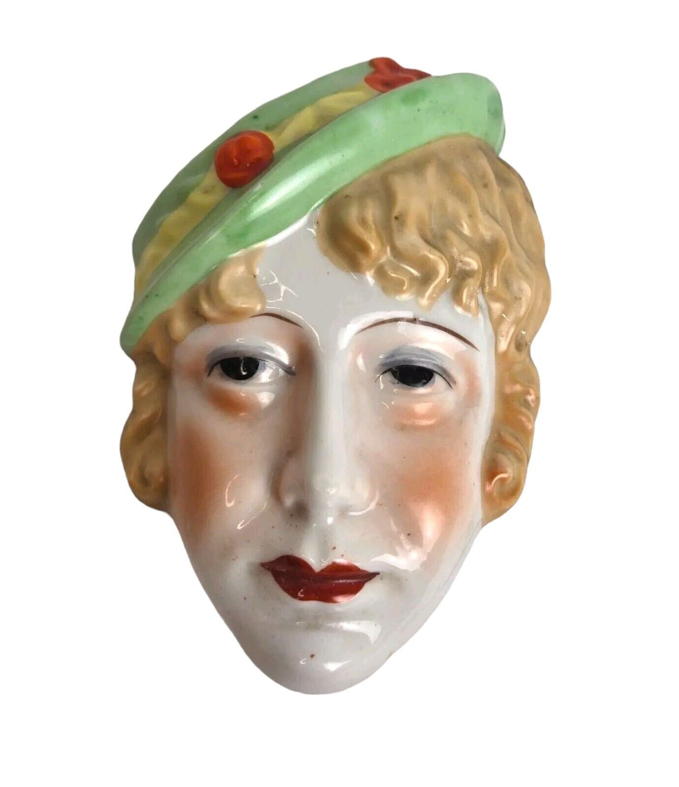 Antique Art Deco Lady Face Wall Pocket Hanging 1930’s Green Hat Made In Japan 
