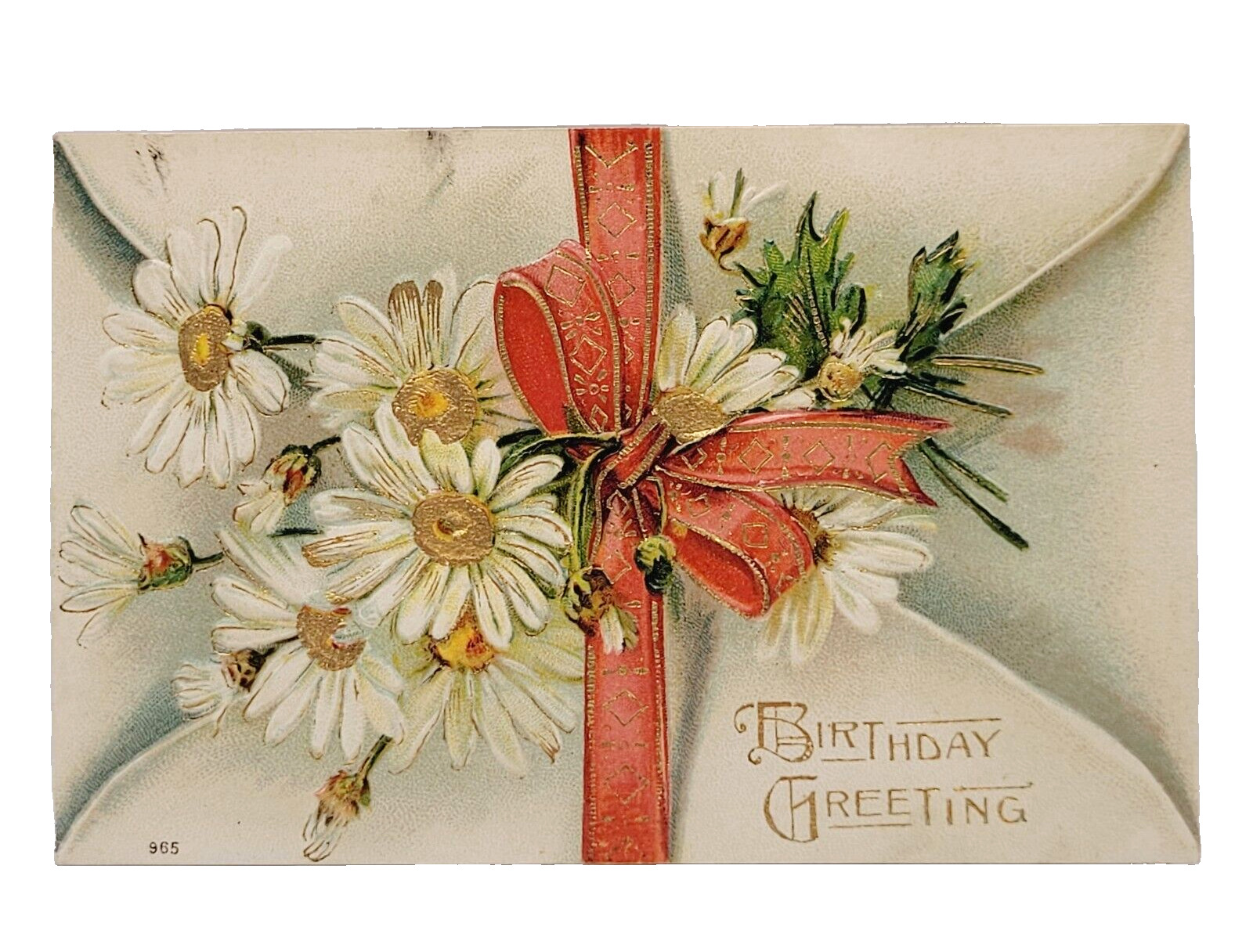 Antique 1907 Birthday Greetings Daisies Ribbon Envelope Postcard Cancel Stamp