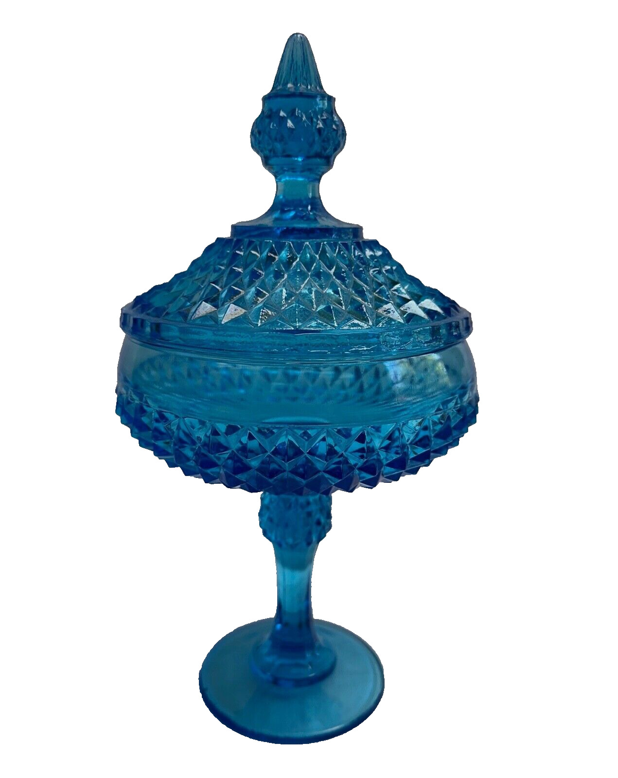 Vintage Blue Glass Diamond Point Pedestal Candy Dish with Lid