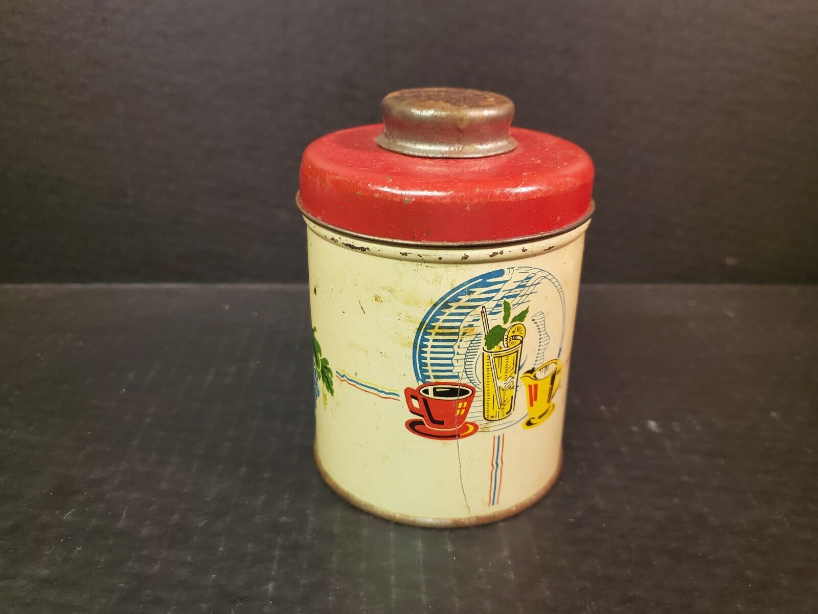 Vintage 1940s-50s Metal Tin canister Beverage Motif Red Top 4\