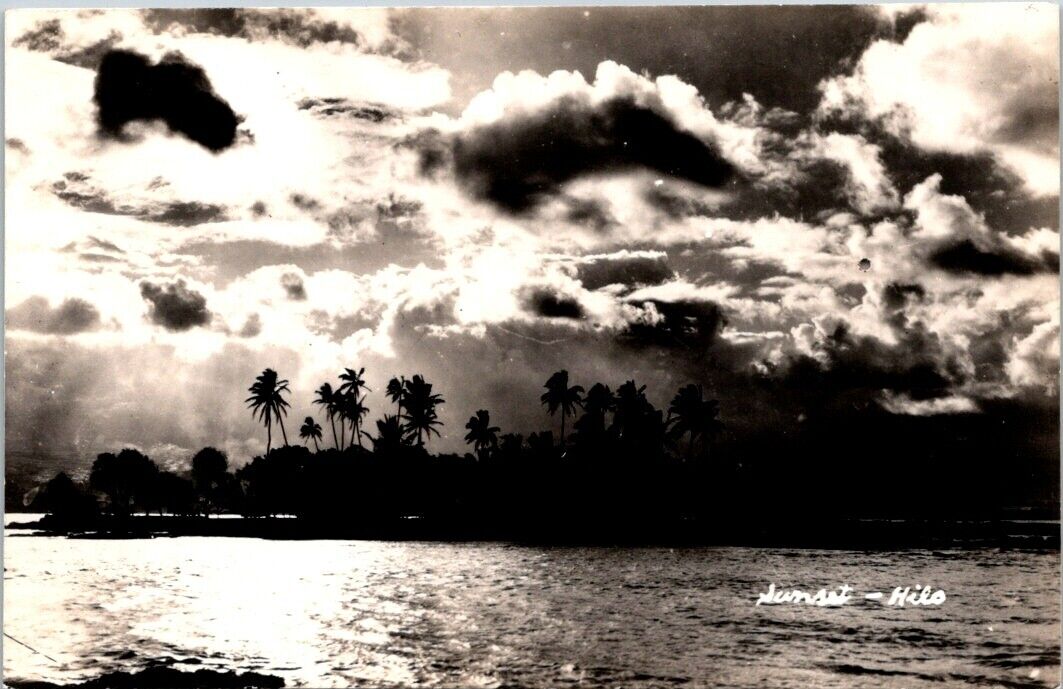 RPPC Hilo HI Sunset Clouds Ocean Palms Hawaii EKC c1930-1940s photo postcard HQ8