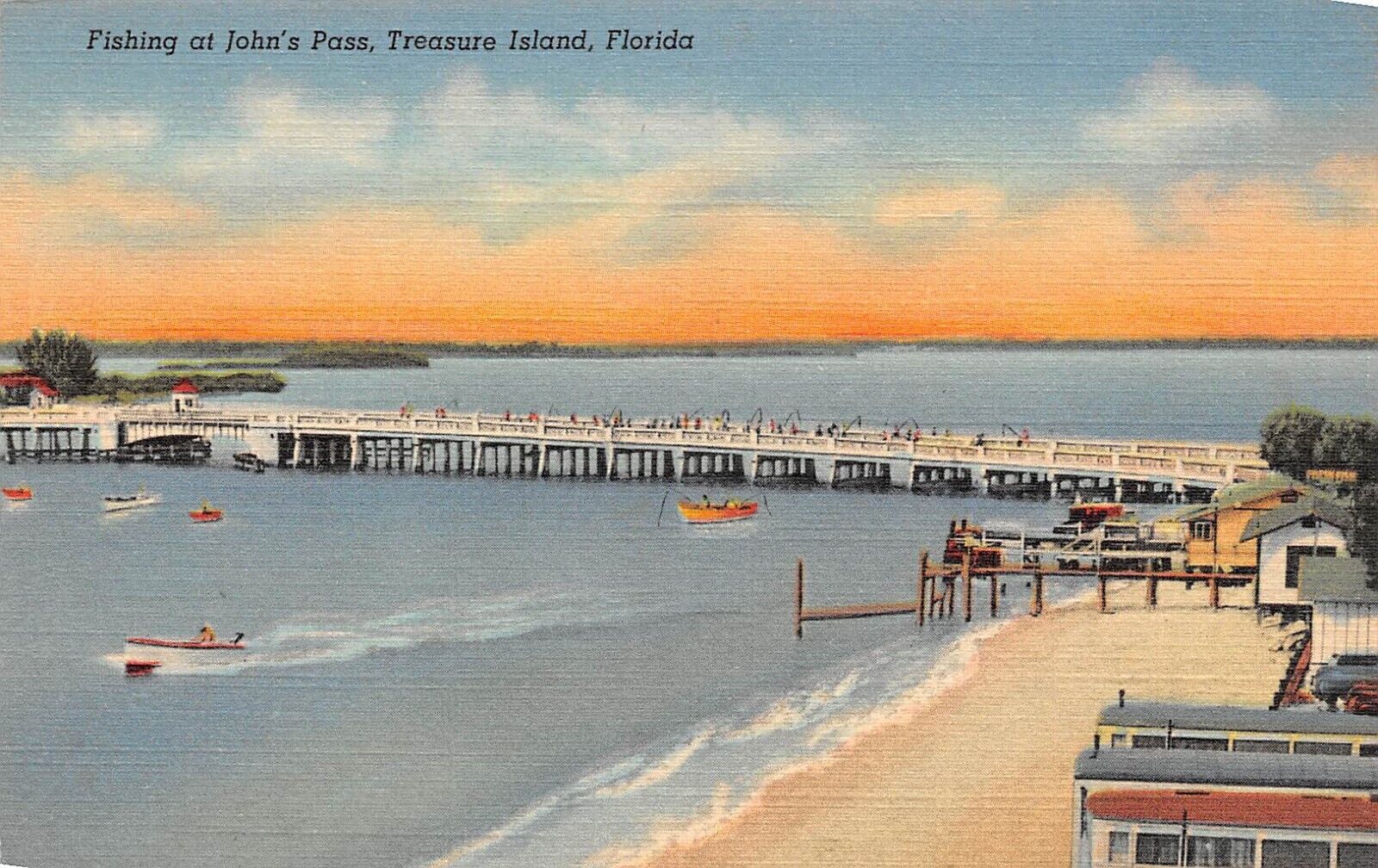 Fishing at John\'s Pass Treasure Island Florida Linen Postcard
