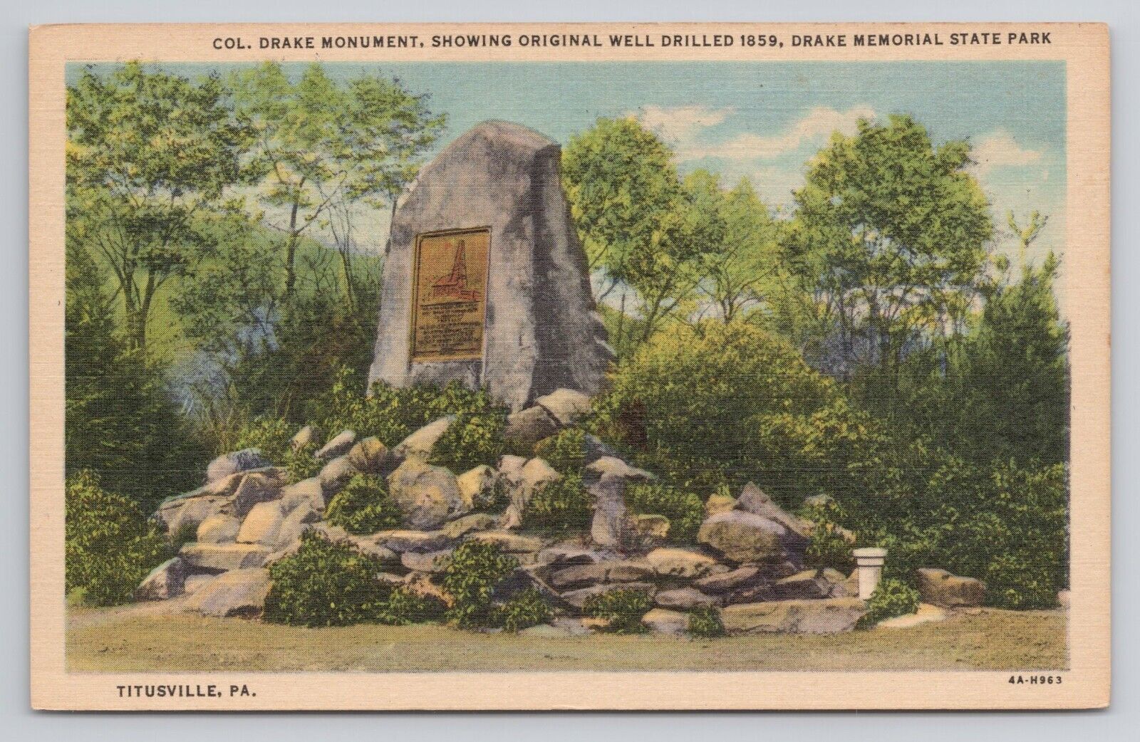 Col Drake Monument Drake Memorial State Park Titusville Pa Linen Postcard No3752