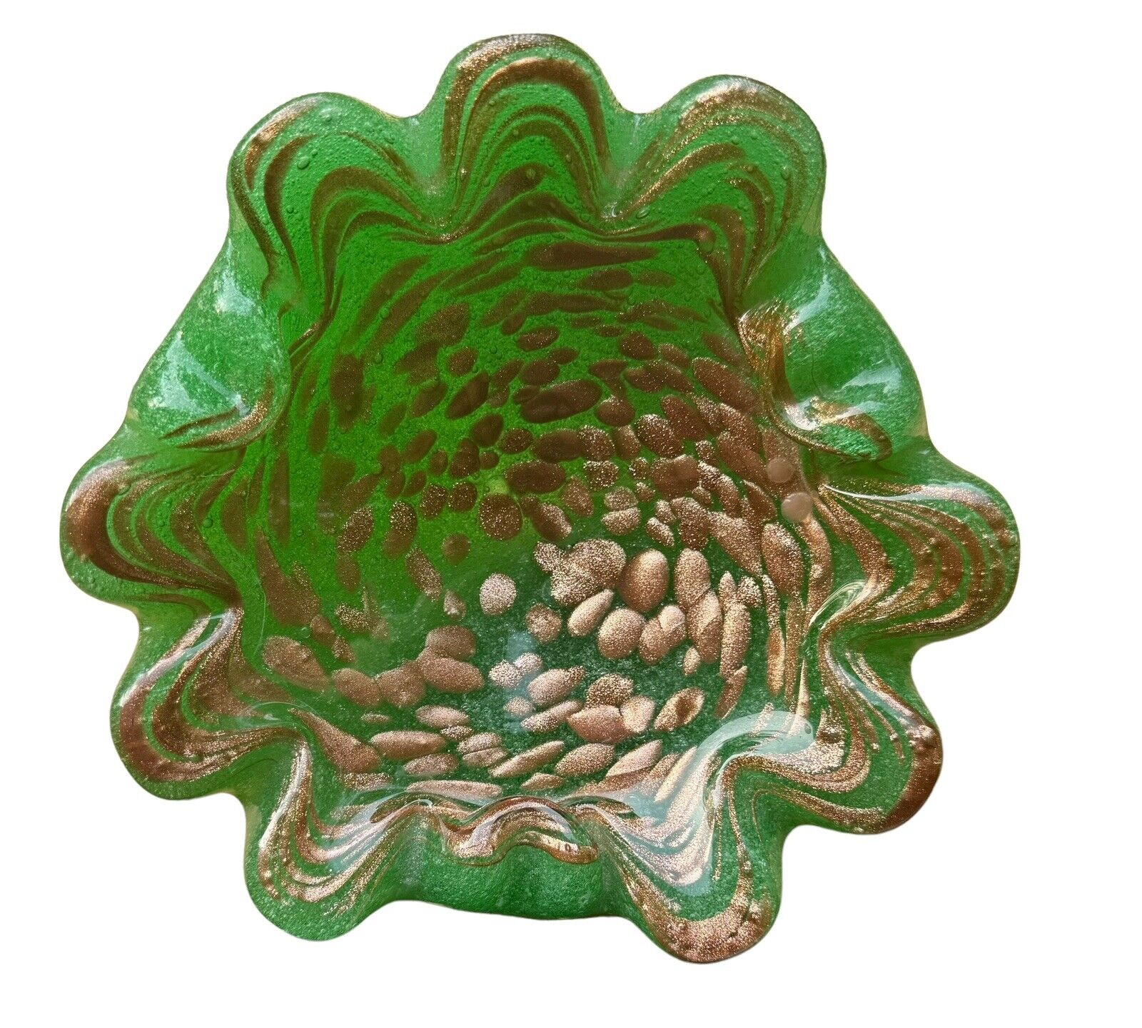 Vintage Heavy Glass Green & Gold Swirl Ash Tray Post Modern Art Piece 3 Lbs 2 Oz