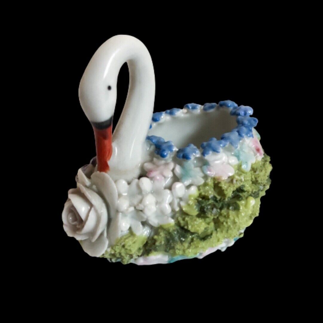 RESERVED Cute vintage elfinware mossware porcelain ceramic swan applied flowers