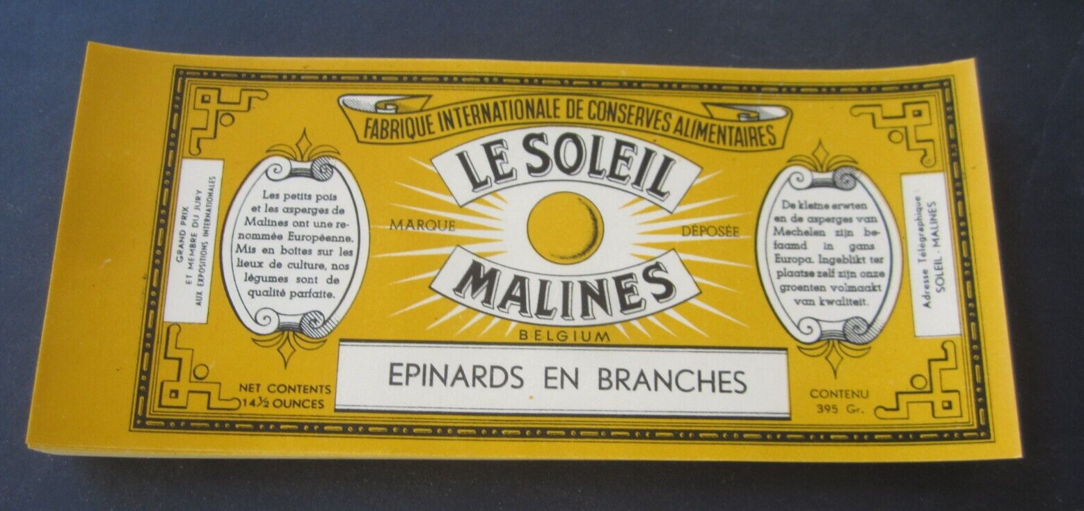 Wholesale Lot of 100 Old 1930's - Le Soleil SUN - Can LABELS - SPINACH - Belgium