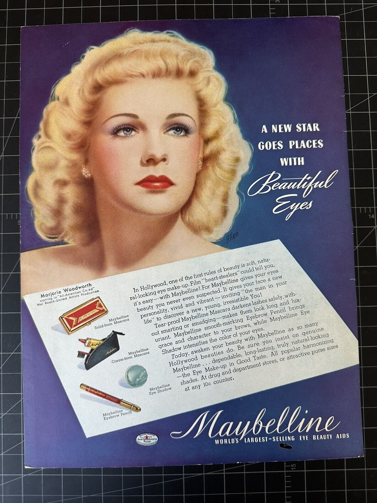 Vintage 1940s Maybelline Cosmetics Print Ad - Marjorie Woodworth 